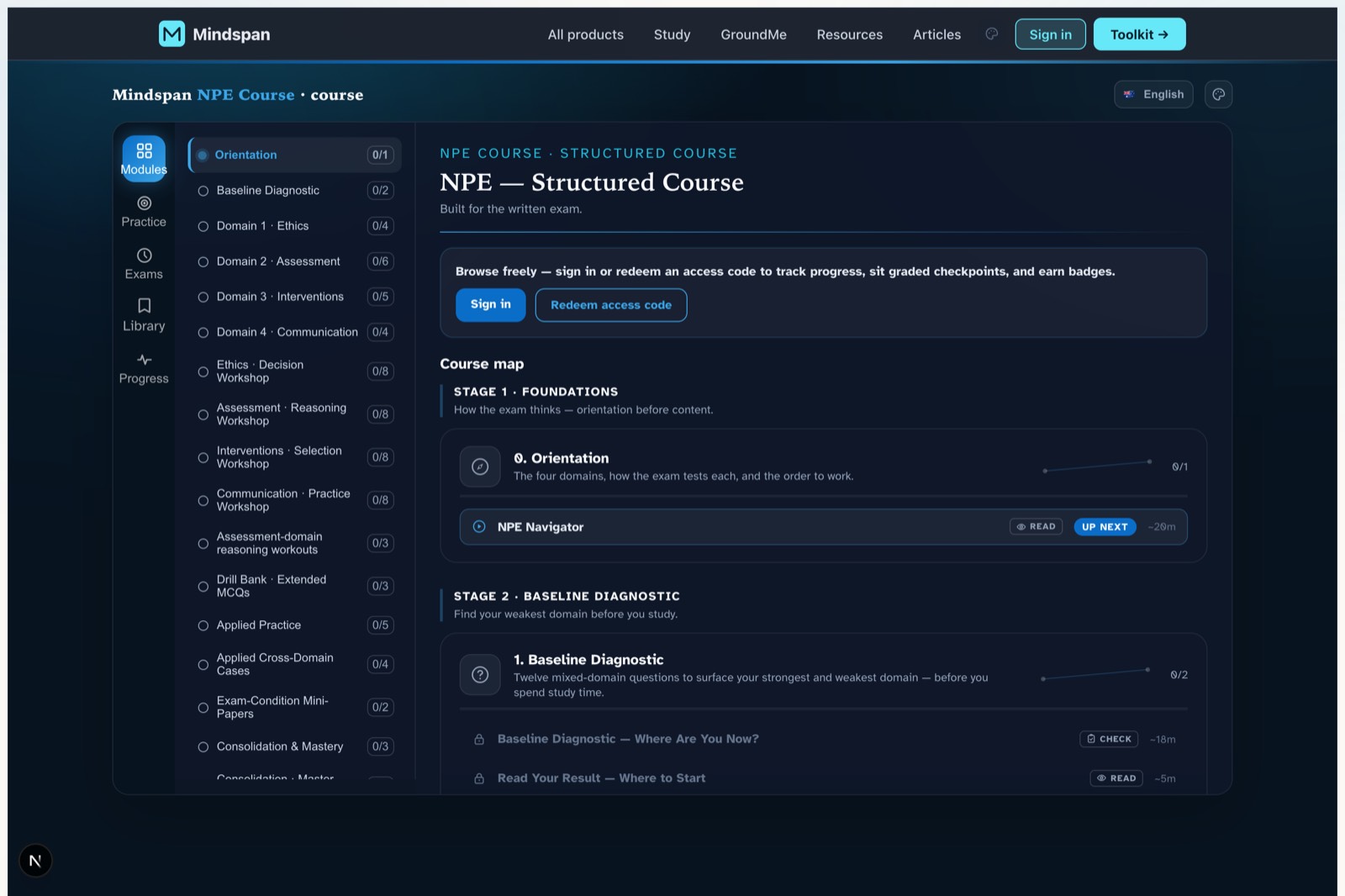 NPE program — course dashboard screen