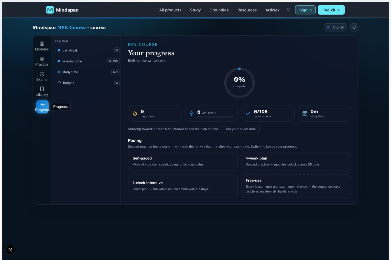 NPE program — progress screen