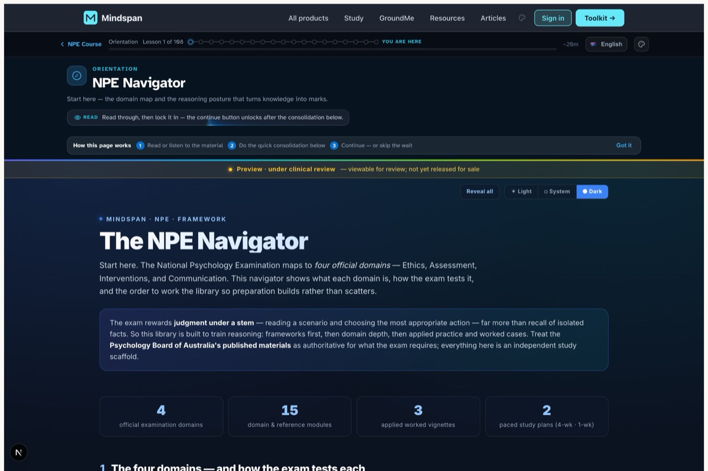 NPE program — lesson player screen